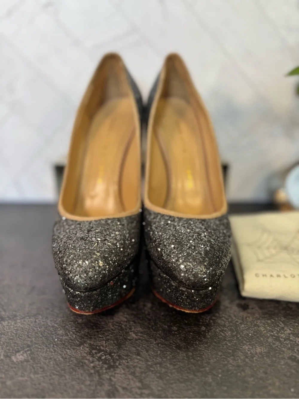 Charlotte Olympia Grey Glitter Dolly Platform Pumps Heels, Size 38
